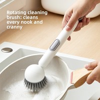 Brosse de nettoyage de cuisine multifonctionnelle à long manche rotative, tête réglable non abrasive, distribution de liquide par pression, pulvérisation intégrée
