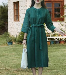 Vestido Maxi Casual de Lino/Algodón para Mujer, Cintura Natural con Cinturón, Corte Regular, Silueta en A, Transpirable y Ecológico, Manga Corta - Product Image 6