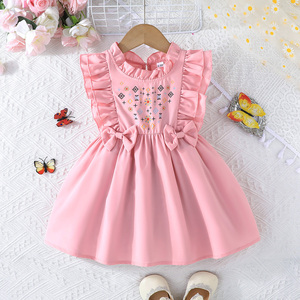 Robes mi-longues pour enfants, tendance, respirantes, à volants, manches courtes, motif floral, pour l'été, pour petites filles - Product Image 1