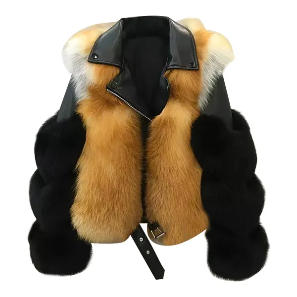 Grosir Wanita Kulit Jaket Bomber Real Fox Fur Jacket
