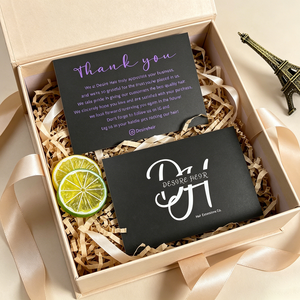 Cartes de remerciement personnalisées de luxe avec logo de marque, impression violette et blanche, noir mat, pour les marques d'extensions capillaires - Product Image 2