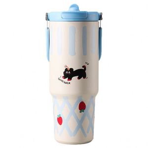 Gobelet isotherme en acier inoxydable imprimé motif chien et lapin Kawaii, avec sangle de transport et couvercle à paille, idéal pour étudiants, bureau, cadeau - Product Image 1