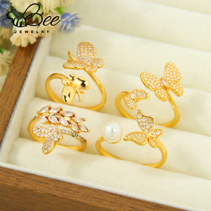 Anillo de Compromiso de Mariposa con Circonita de Alta Calidad al por Mayor, Chapado en Oro de 21k, Brillante, Irregular, Ajustable, Tipo Cóctel - Product Image 6