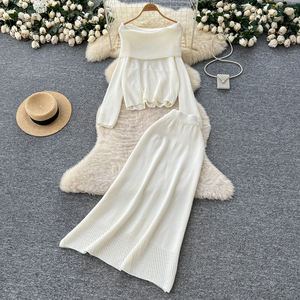 Musim gugur elegan longgar 2 potong Set untuk wanita atasan dan rok rajut pinggang tinggi setelan pakaian grosir - Product Image 2