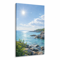 Tableau mural moderne sur toile Paysage marin ensoleillé Océan Plage Roches Impression HD encadrée et tendue pour Salon Hôtel Décoration estivale
