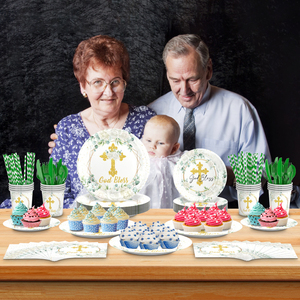 Juego de Vajilla Desechable con Tema de Hojas y Cruz en Blanco, Rosa y Azul <span class=keywords><strong>para</strong></span> Comunión, <span class=keywords><strong>Bautizo</strong></span> de Bebé, Artículos <span class=keywords><strong>para</strong></span> Fiestas - Product Image 2