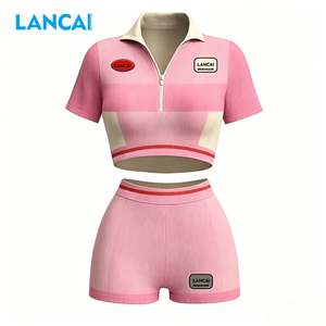 Lancai Custom Zip up Yoga Top and High Waist Shorts Leggings Gym Fitness Sportswear Workout Outfits Two Piece Set Women Clothing - Product Image 1