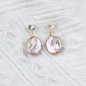 Wholesale Jewelry Real 14K Gold Plated Freshwater Coin Pearl Earrings