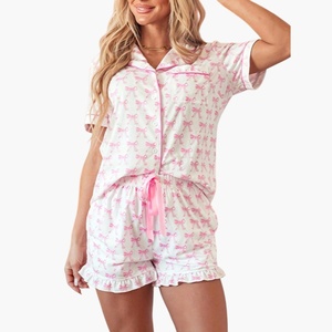 Conjuntos de Pijama Personalizados con Estampado de Lazos, Conjuntos de Pijama de Algodón Modal, Pijama Corto con Ribete, Ropa de Dormir para Mujer, Pijamas de Bambú - Product Image 1