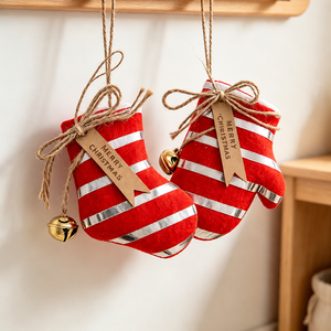 Red-White Striped Christmas Tree <b>Ornaments</b> Hanging Supplies With Golden Bell Jute Twine & Kraft Tags for Christmas Decor - Product Image 2