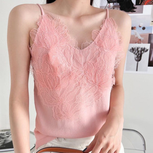 Lace Splicing V-neck Strap <b>Women's</b> Spring/Summer New Style Charm <b>Vest</b> Beautiful Back Inner Stretch Knitted Bottom Tank <b>Top</b> - Product Image 4