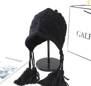 Hot Sell Stylish Women's Wool Earflap Winter Hat Plait Tassel Hemming Knit Cap Knitted Beanie Hat