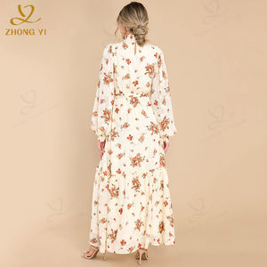 Op maat gemaakte dames lange mouwen herfst print elegante dames lange jurk prachtige ivoor lange mouwen bloemen <span class=keywords><strong>maxi</strong></span> jurk - Product Image 3