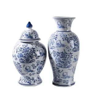 Vaso de cerâmica para decoração de sala de estar, jarro de gengibre clássico azul e branco para casa