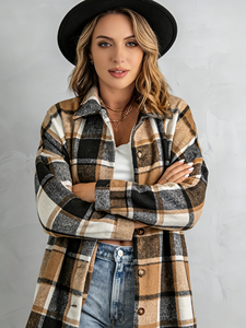 SWEET BABE Chaqueta camisera a cuadros marrón oliva de talla grande para mujer - Abrigo informal de manga larga con botones y solapa, corte holgado - Product Image 4