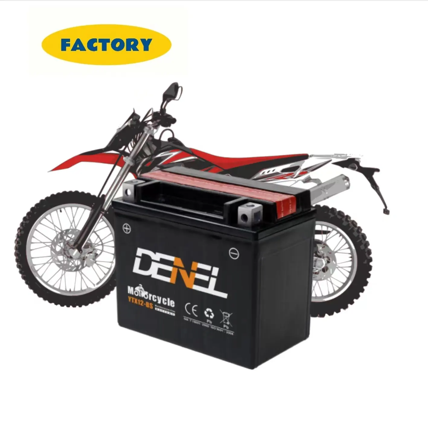 Denel Goede Kwaliteit Onderhoud Gratis Met Zuur 12V 10ah YTX12-BS Sealed Motorfiets Batterij