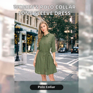 Women's Green Polo Collar Casual Dress Long Sleeve Roll Up Sleeve Button Front <b>Belted</b> <b>Pocket</b> Shirt Dress - Product Image 2