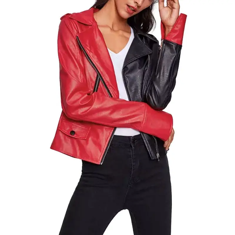 नई आगमन फैशन कस्टम मोटरसाइकिल पु ज़िप विभाजन रंग महिलाओं लघु चमड़े की जैकेट फसल कोट