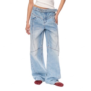 Pantalones Vaqueros de Mezclilla Personalizados de Moda Urbana para Mujer, Color Azul Claro, Estilo Holgado, Vintage, Desgastado, 100% Algodón - Product Image 1