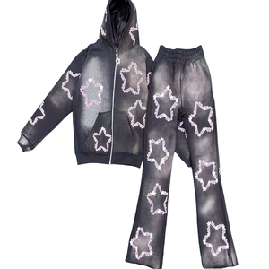 ¡Novedad de 2024! Conjunto de ropa deportiva para hombre, Sudadera con capucha de algodón de rizo francés alto, pantalón, cinturón de cuerno serigrafiado, estilo de decapado callejero - Product Image 2