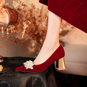 Sandalias de Tacón Alto con Punta en Pico, Tacón Grueso, Altura Media, Estilo Slip-On, Decoración Floral Elegante, Zapatos de Vestir para Banquete de Boda - Product Image 1