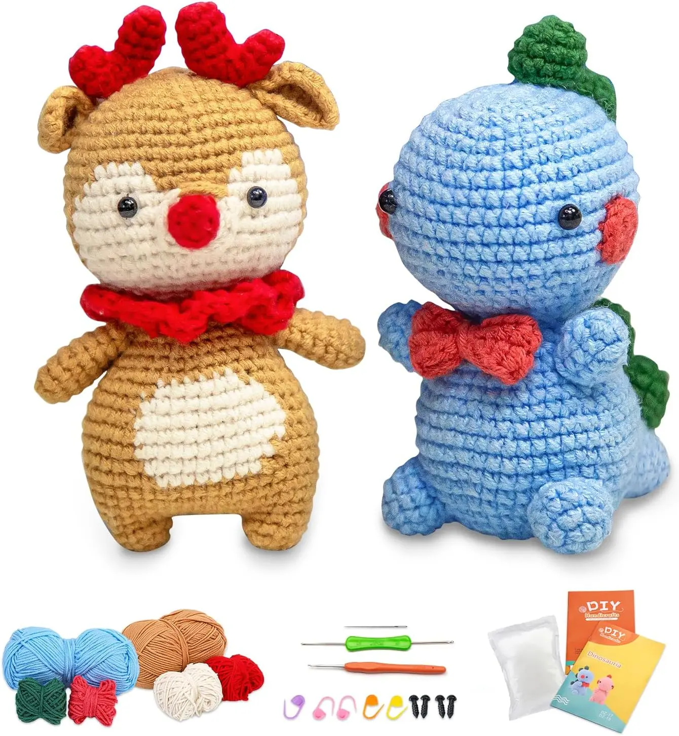 2-er Pack Crochet-Tierkits für Anfänger Unisex-Modell Spielzeug Mini-Häkelset für Erwachsene und Kinder mit Dinosaurier- und Hirschmustern