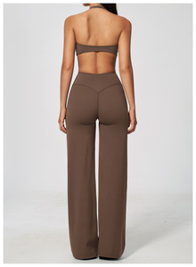 Ensemble décontracté 2 pièces pour femme : Haut court dos nu sans manches et pantalon large taille haute rayé bleu marine en maille respirante pleine longueur - Product Image 5