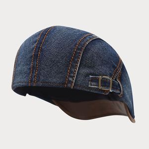 Nouvelle Arrivée Casquette Plate en Jean Délavé Tendance pour Femme et Homme, Style Rétro Décontracté avec Visière en Cuir PU - Product Image 3