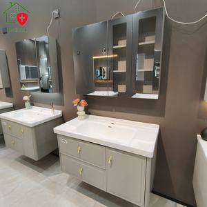 Meuble-lavabo mural moderne laqué gris clair avec comptoir en céramique et miroir inclus - Product Image 2