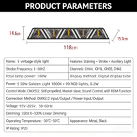 Barre LED longue à couleurs pleines, projecteur mural rétro, lumière auxiliaire stroboscopique de style vintage en métal, contrôle DMX512 pour