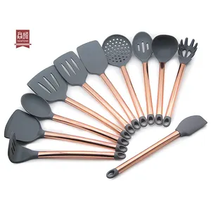 Conjunto de utensílios de cozinha de silicone de fábrica com 11 peças, ferramentas de cozinha em aço inoxidável com cabo banhado a ouro