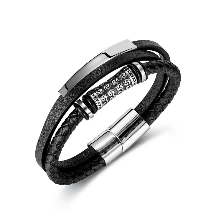 Customs vintage stainless steel multilayer for men jewelry personalized mens braided genuine leather bracelet