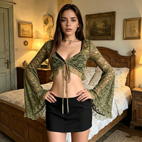 Chemisier T-shirt Femme Vert en Dentelle, Col V, Style Cardigan à Nouer sur le Devant, Manches Évasées, Protection UV, Sexy, Haute Qualité