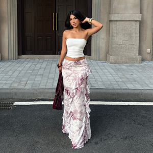 Romantic Breathable Printed Tulle <b>Maxi</b> <b>Skirt</b>-Asymmetrical Ruffle Hem with Natural Waist and <b>Sheer</b> Layer - Product Image 3