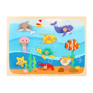 Custom Kids Early Education Toys Sea Animal Fish Mushroom Nail Puzzle Wooden Advanced Pegged Puzzles