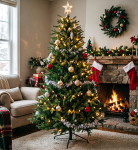 ต้นคริสต์มาสประดิษฐ์ PE ขนาด 7 ฟุต ดีไซน์กิ่งเต็มต้น พร้อมขาตั้งโลหะ ไฟ LED หลากสี |   ใช้ภายในอาคาร แบบมีขน/ไม่มีขน - Product Image 1