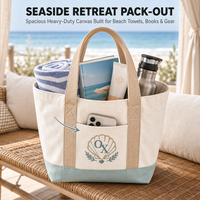 Sac fourre-tout en toile brodé personnalisé motif coquillage, sac à main bateau tricolore avec poche avant pour la plage, les vacances et les voyages