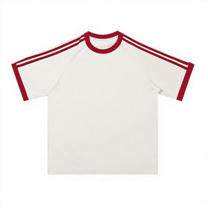 Camiseta de Manga Corta con Cuello Redondo y Tres Rayas, Estilo Americano, Resistente, 260G, Unisex, Mezcla de Algodón, Absorbente de Humedad, Raglán, Color Block - Product Image 1