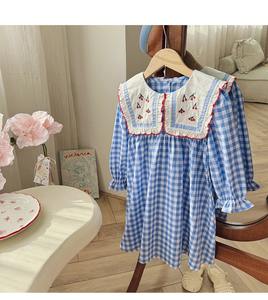 2025 sonbahar koreli çocuk giyim puf uzun kollu tatlı çocuk etek ekose kiraz nakış kız elbise - Product Image 6