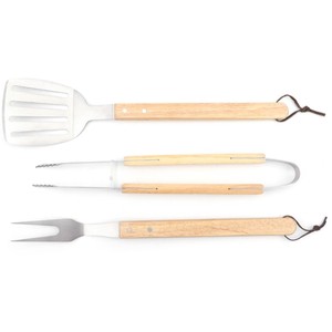 Juego de herramientas para barbacoa de acero inoxidable con mango de madera de caucho, 3 piezas, espátula, pinzas y tenedor portátiles para asar al aire libre - Product Image 1