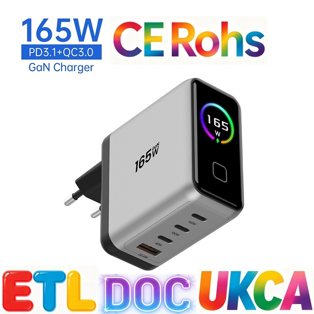Tommox 165W GaN Desktop Type Usb C Charger with TFT Display 4-Port PD 3.0 QC3.0 Fast Charging Station for Laptop Tablet Phone
