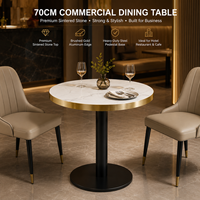 Table de bistrot ronde pour hôtel et café, plateau en pierre frittée, bord en aluminium doré, base en piédestal noir, vente en gros pour la restauration commerciale, OEM
