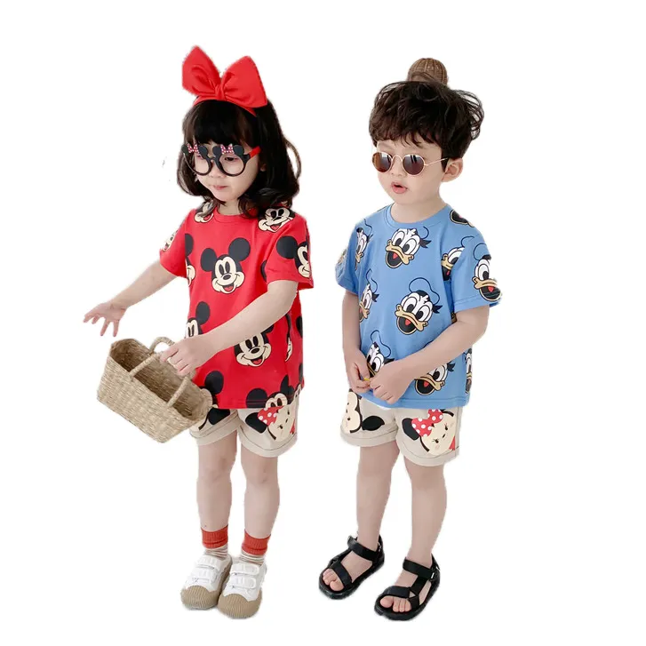 New Cute Mickey Clothes Girls' Clothing Sets Summer Cotton Wholesale Outfit Child Girls Boys 2 pcs Clothes Kids Ropa