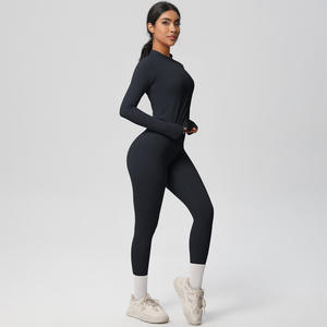 RUIQUWIN OEM Women's Long Sleeve Front Zip Fitness Workout Sportswear Two Pieces Yoga <b>Leggings</b> Gym Fitness Set - Product Image 2