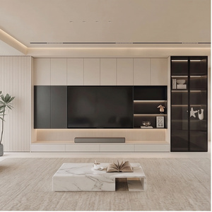 Moderner Reisweißer Melamin-<span class=keywords><strong>TV</strong></span>-Konsolenschrank Wand-zu-Wand Lounge Geriffelte Holzpaneele für Wohnraumgestaltung - Product Image 5