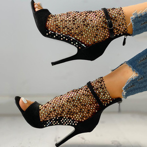 Bottes Femme Hollow Rhinestone Mesh Design Open Toe Shoes Sexy 2025 Women's <b>Boots</b> - Product Image 3