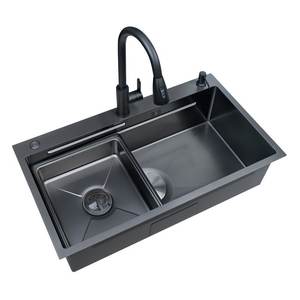 Évier de cuisine en acier inoxydable 304 noir nano-embossé avec double nervure et ouverture pour lave-vaisselle - Product Image 1