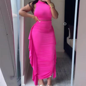 Nouveau débardeur sans manches de couleur unie d'été pour femmes élégantes avec jupe longue à bord à volants ensemble décontracté de <span class=keywords><strong>2</strong></span> pièces - Product Image 2