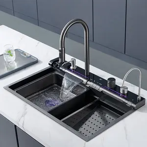 Tiktok popüler büyük tek Slot İşlevli lavabo anti-çizik LED fincan yıkayıcı ile dijital ekran şelale mutfak lavabo