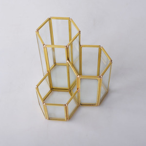 3-مقصورة فرشاة للمكياج حامل خمر نمط النحاس والزجاج منظم - Product Image 3